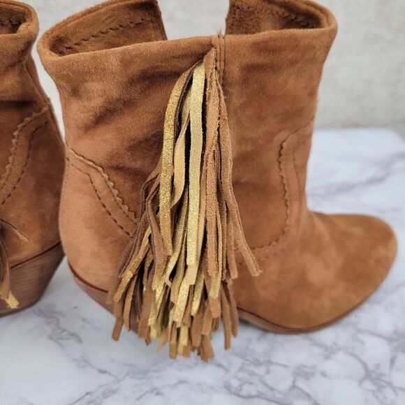 Sam Edleman Louie Bootie in Soft Saddle Fringe Suede Ankle Boots Tan - Picture 9 of 13